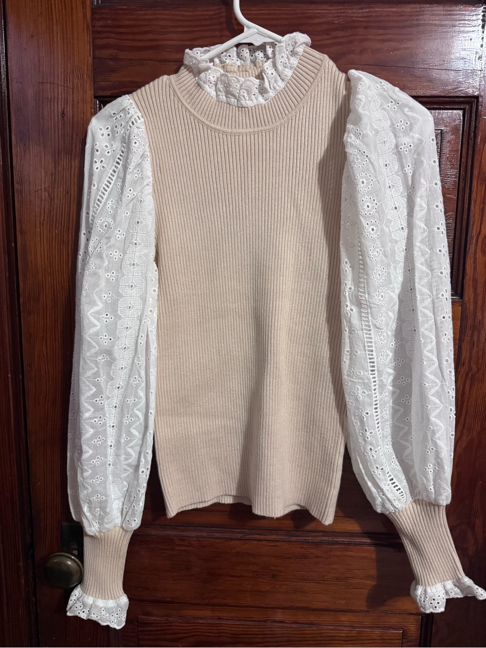 En Saison Ribbed Knit Top with Embroidered Statement Sleeves – Small